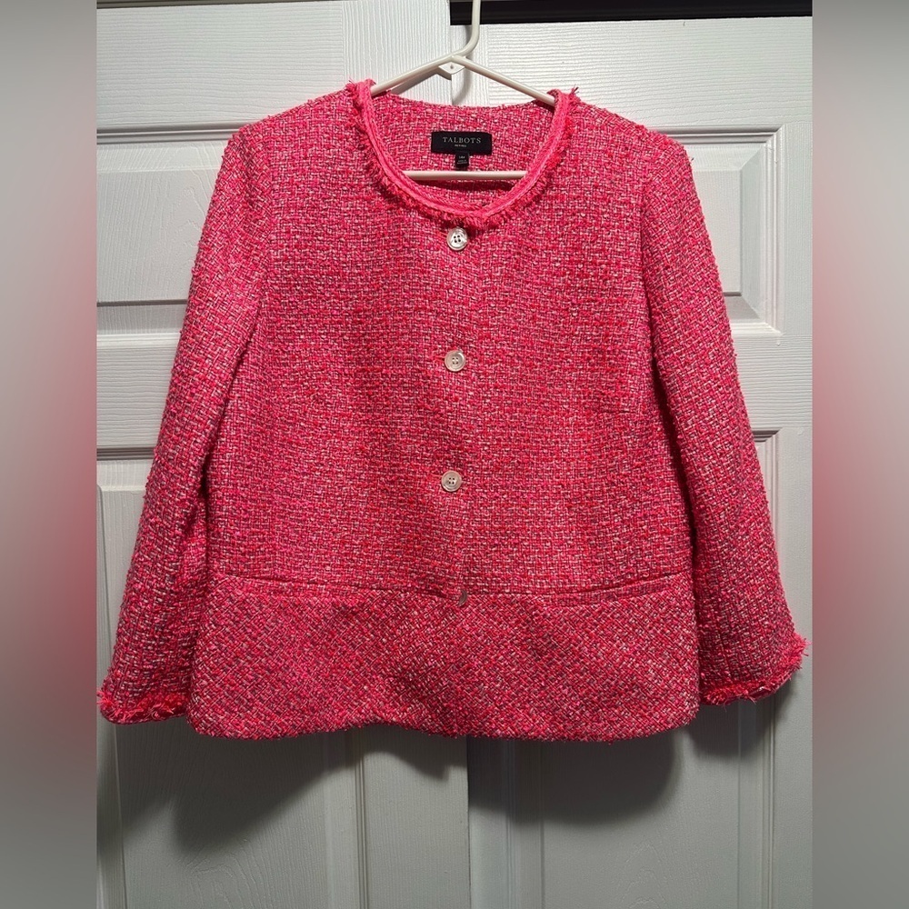 Talbots TWEED PEPLUM JACKET Blazer Hot Pink Sz 14P Fringe
